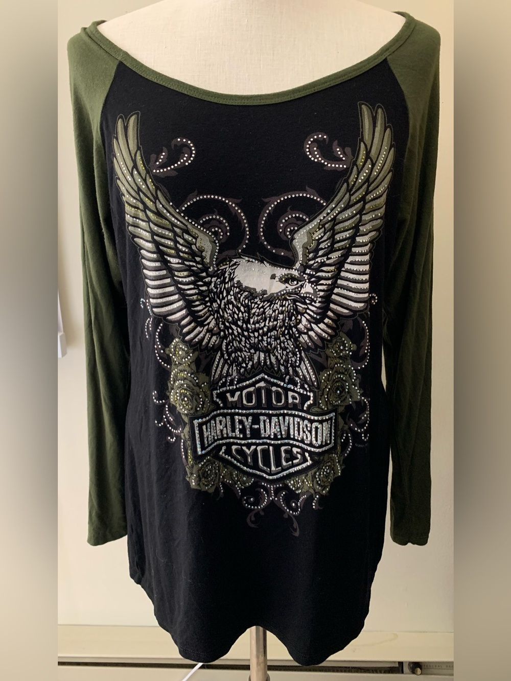 Harley-Davidson Black LS Top with Olive Accent and Rhinestone Logo 1XL